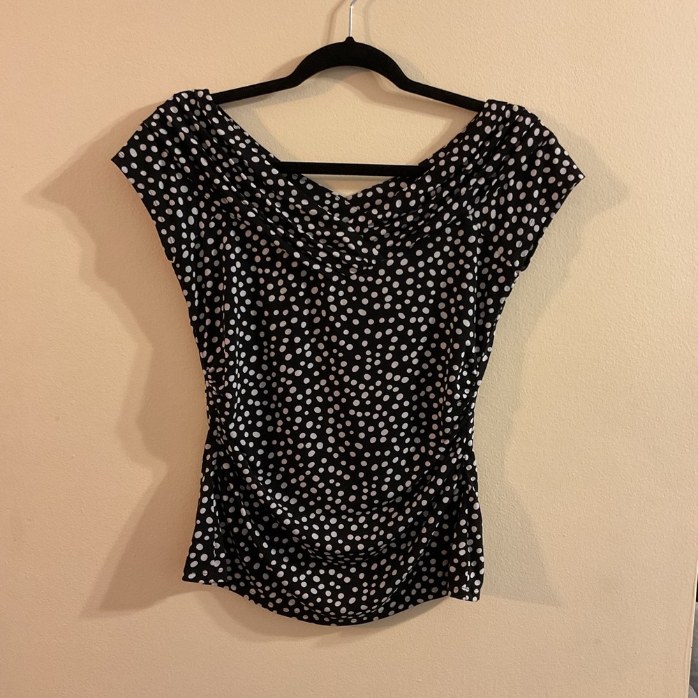 White House Black Market Black and White Dotted Blouse